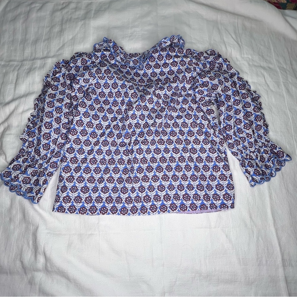 Maeve by Anthropologie Periwinkle Blue White Patterned Ruffled Top Large - Picture 5 of 7